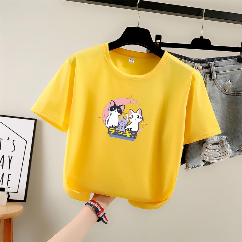 Harajuku Cute Cartoon Cat Print Short Sleeve T-shirts Women Summer Casual Loose Student T Shirt Young Girl Y2k Tops