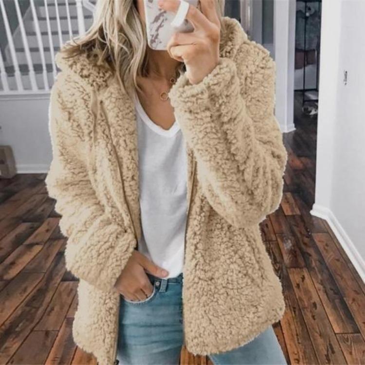 Warme Damen Sherpa Jacke mit Kapuze Fleece Mantel Freizeit Einfarbig Plüsch Reißverschluss Winddicht Herbst Winter Strickjacke