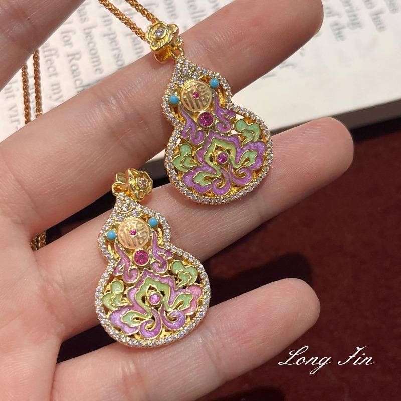 National Style Enamel Craft Gourd Necklace Sweater Chain Painted Niche Design Light Luxury Double-Sided Pendant