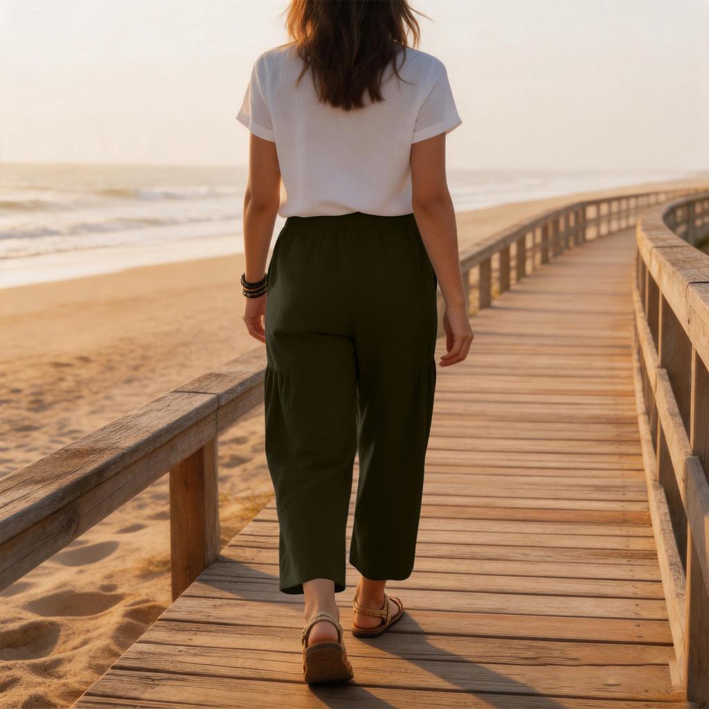Women Loose Fit Wide Leg Drawstring Pants Casual Linen Trousers with Pockets Elastic Waistband Relaxed Fit Summer Bottoms