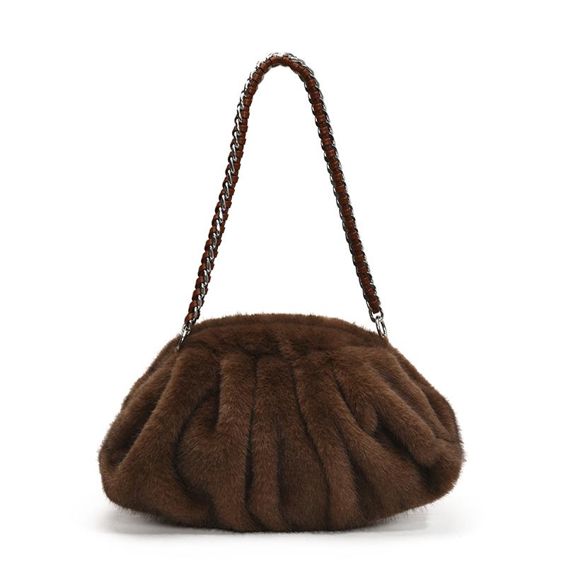 Pleated Design Faux Fur Shoulder Bags For Women Luxury Designer Purses And Handbags Winter Warm Soft Plush Hobo Bags