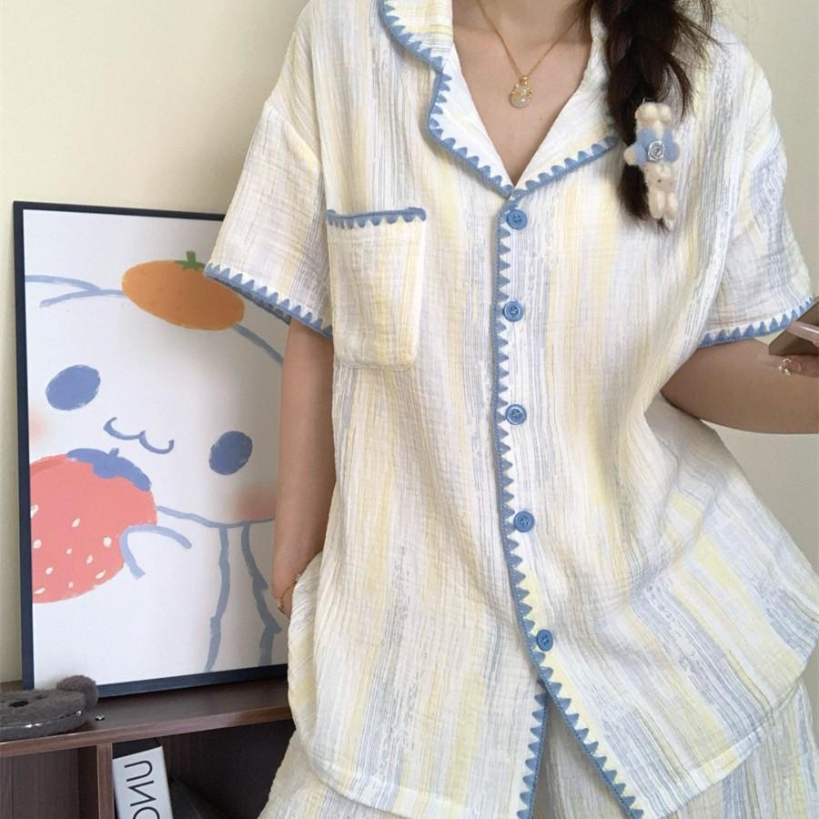 Japanese Ins Style Pajamas Women's Summer Cloud Cotton Simple Stripes Can Be Worn Outside Short Sleeves Shorts Loungewear Set