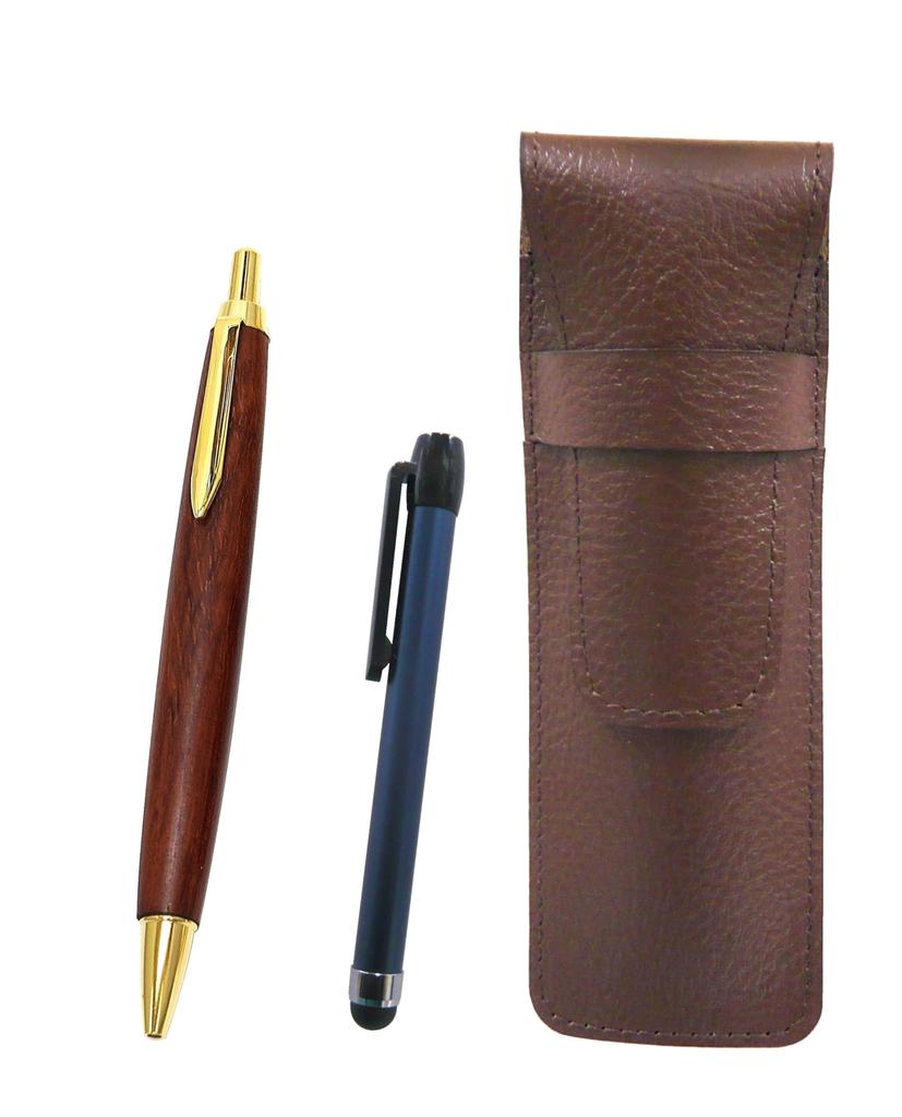 Shibochoco Color Cowhide Leather Pen Metal Touch Stick Blue and Brown Wooden Shaft Retro Ballpoint Pen Set Case, SASTYO-ALL-HS48S