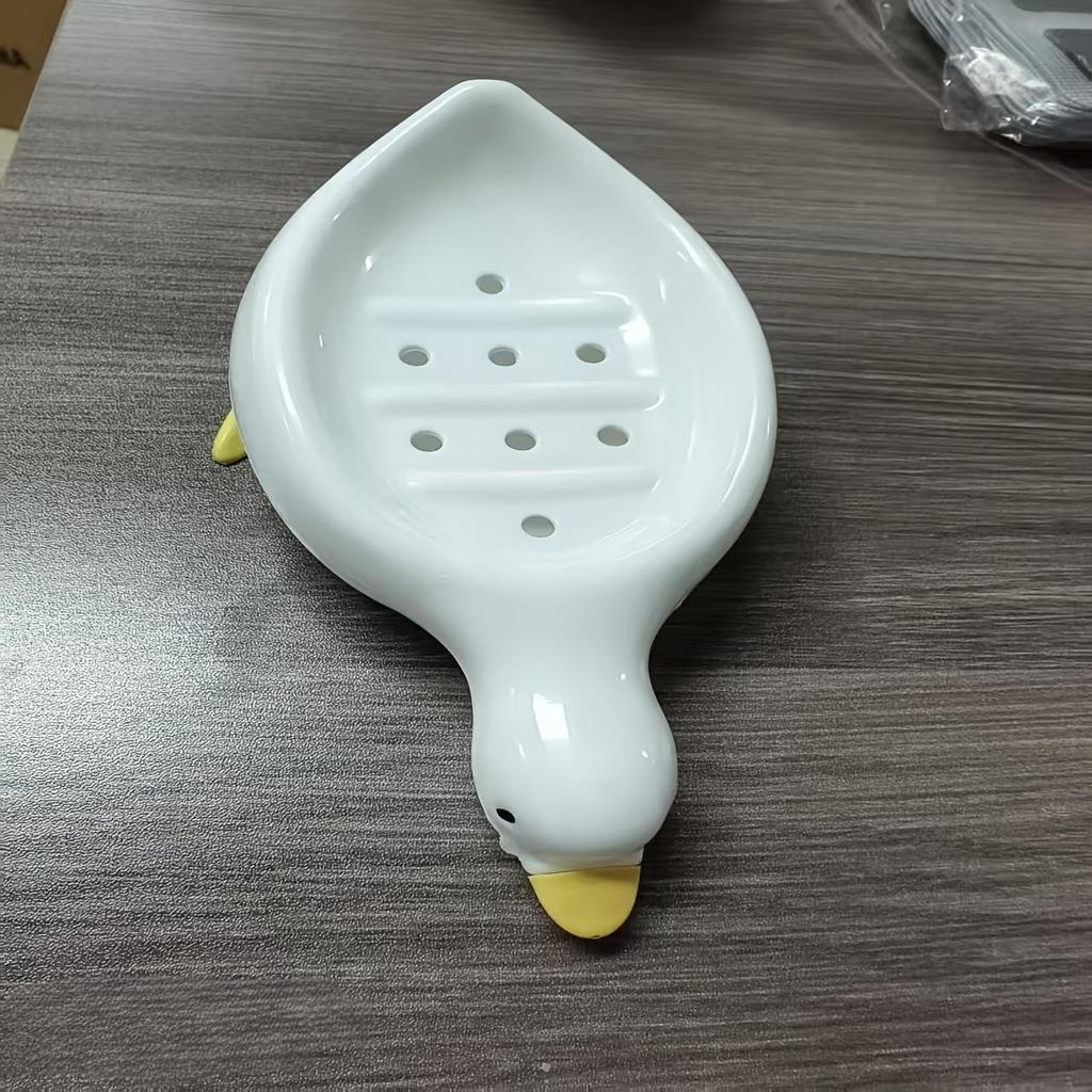 1Pc Charming Duck-Shaped Soap Dish - Self-Draining Oval Tray, White with Yellow Accents, Multifunctional Bathroom Accessory for Dry, Clean Soap