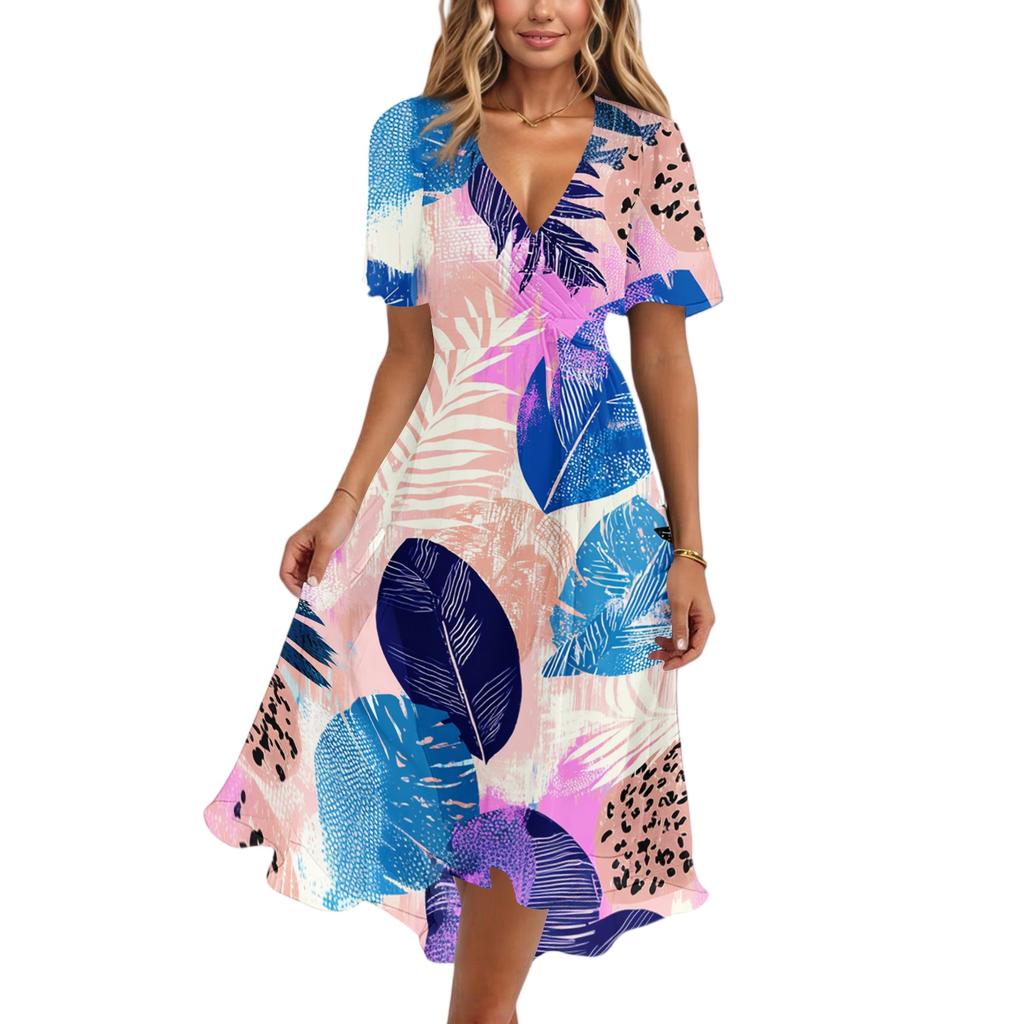 Women's Fashion Casual V Neck Short Sleeve Ruffled Vintage Printed Dresses