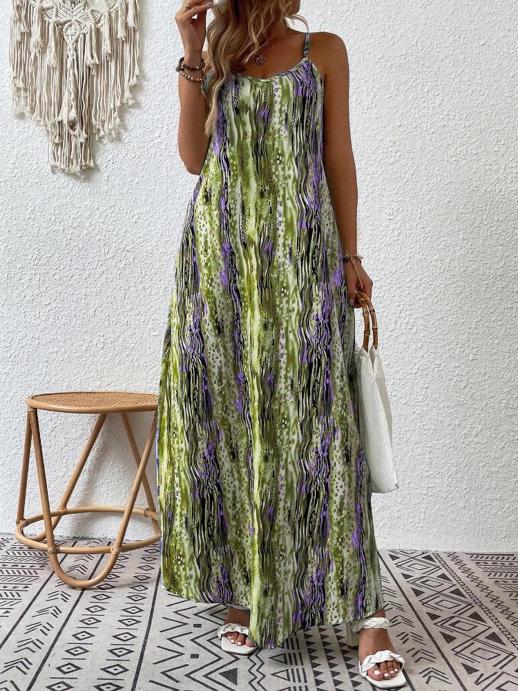 Spring Summer Women Fashion European American Style Printed Suspender Dress