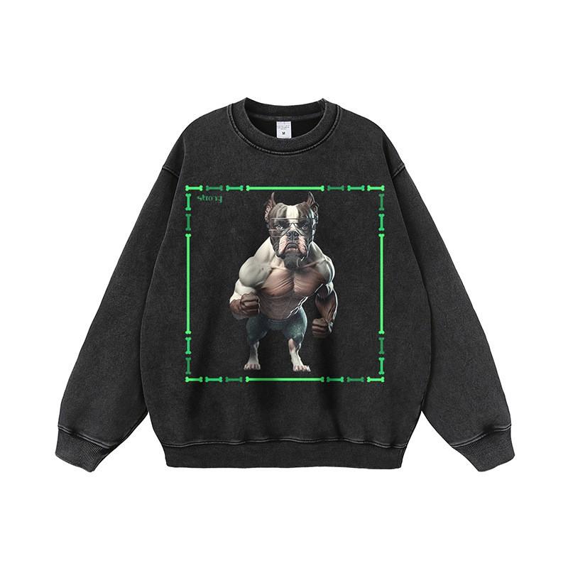 Mens Oversized Streetwear Hoodie With Dog Print Heavyweight Cotton Washed Vintage Style Loose Fit