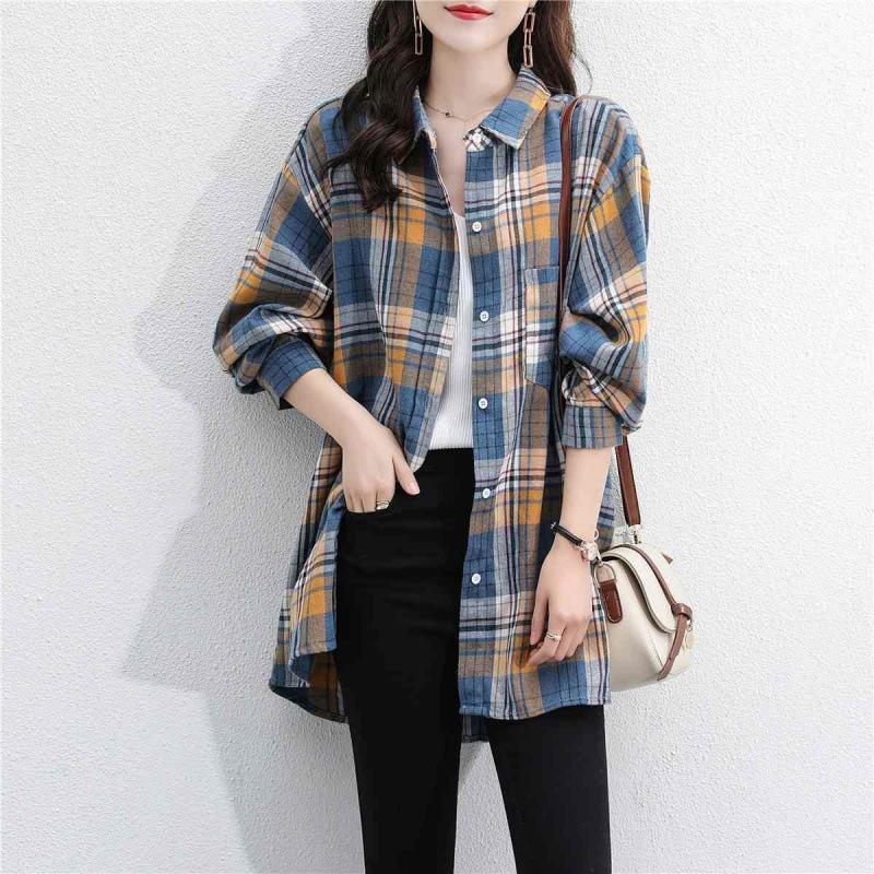 

Women s Long Sleeve Brushed Plaid Shirt - Korean Style Retro Top, Versatile Mid-Length Layering Jacket for Spring and Autumn M синій