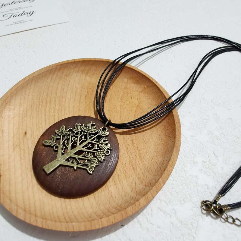 New Retro New Chinese Style Cotton and Linen Hollow Accessories Wooden Leaf Long Necklace Women's Necklace