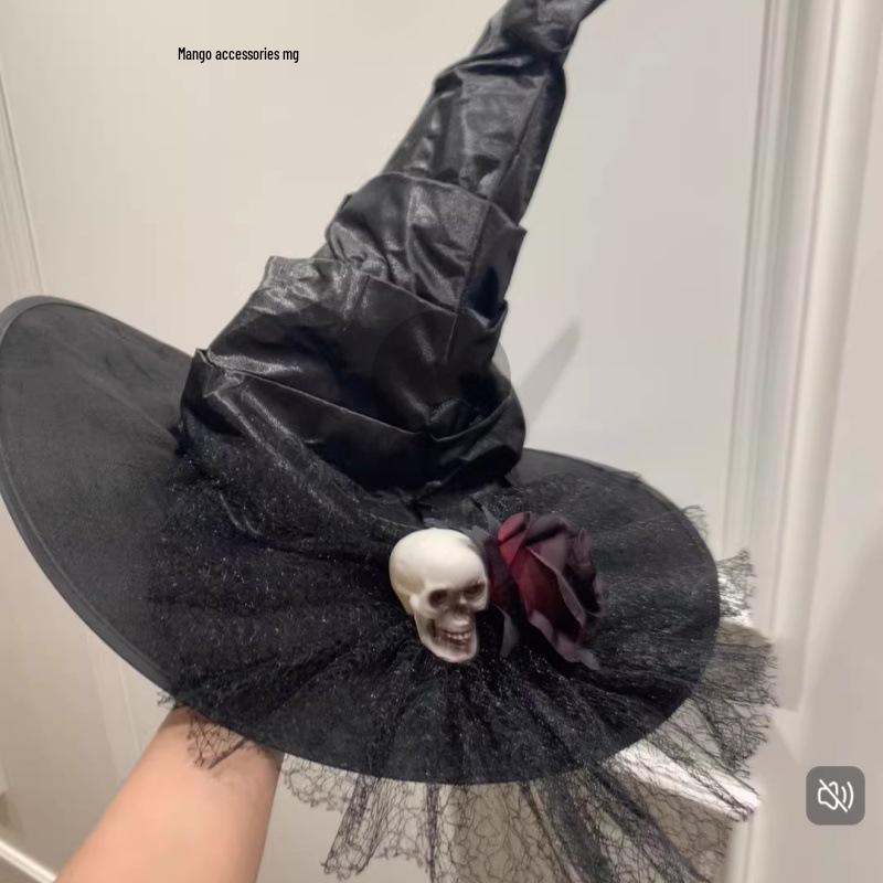 Black Lace Bow Witch Hat for Halloween Cosplay and Ghost Festivals