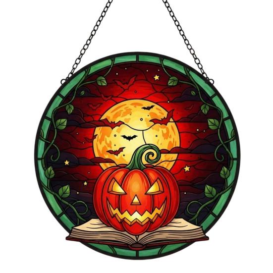 Stained Glass Style Acrylic Suncatchers Halloween Pumpkin Suncatcher, Round Window Hanging Ornament, Mysterious Holiday Theme Wall Displays Full Moon