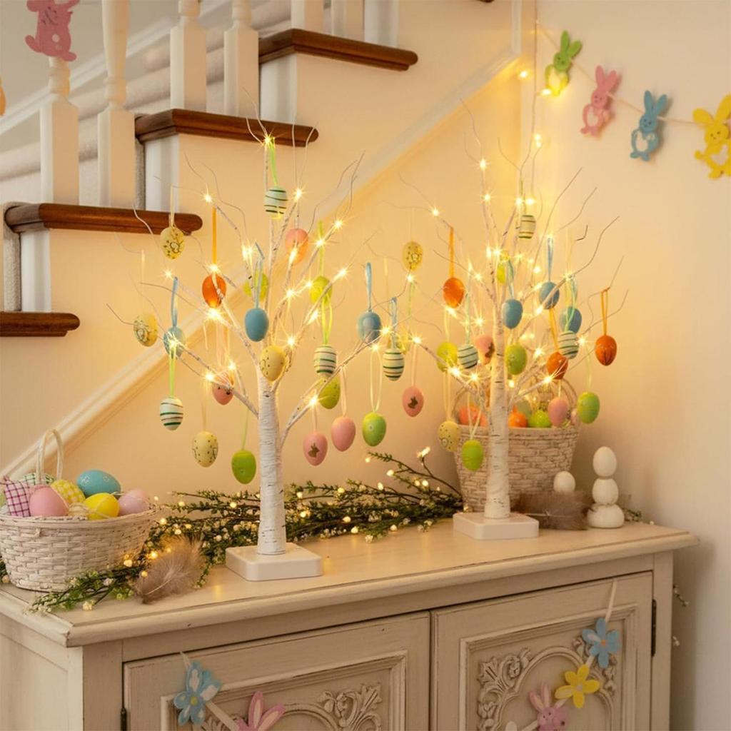 LED Bendable Branches Easter Egg Tree Tabletop Centerpiece with Lights Holiday Easter Decorations for Home Battery USB Powered