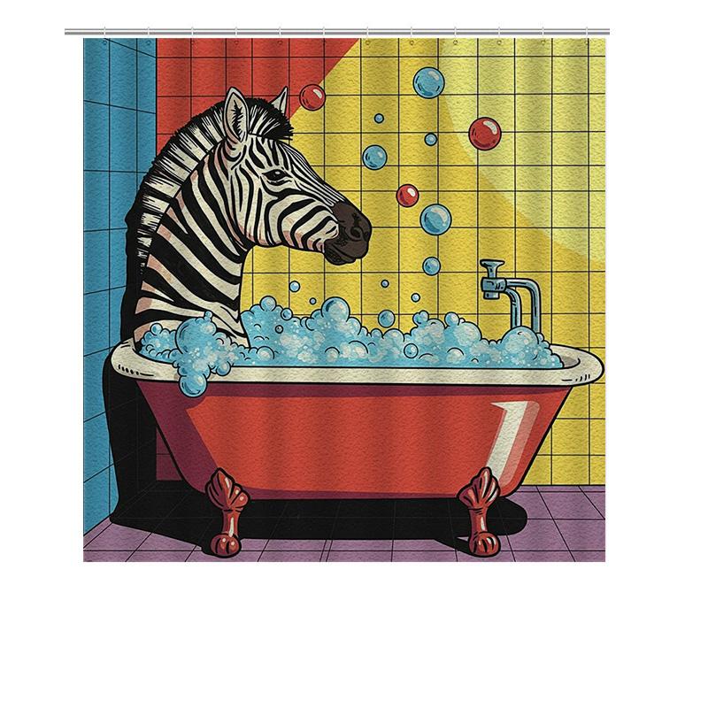 Animal Pattern Pop Art Shower Curtain Zebras Bathing In A Bubble Tub Red, Blue, Yellow Colorful Background Bathroom Decor Home A