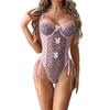 European and American Women’s Sexy Pink Leopard Print Bodysuit, Front Bow Tie Lace-Up Design, Party Nightclub Outfit