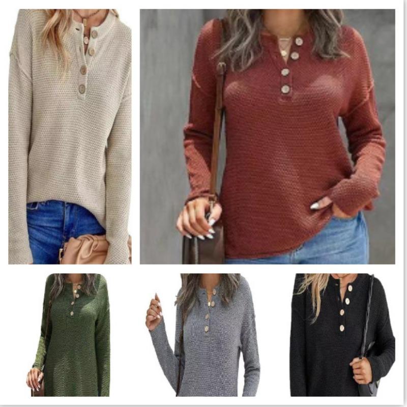Women S Solid Color Half Open Button Pullover Long Sleeve Sweater