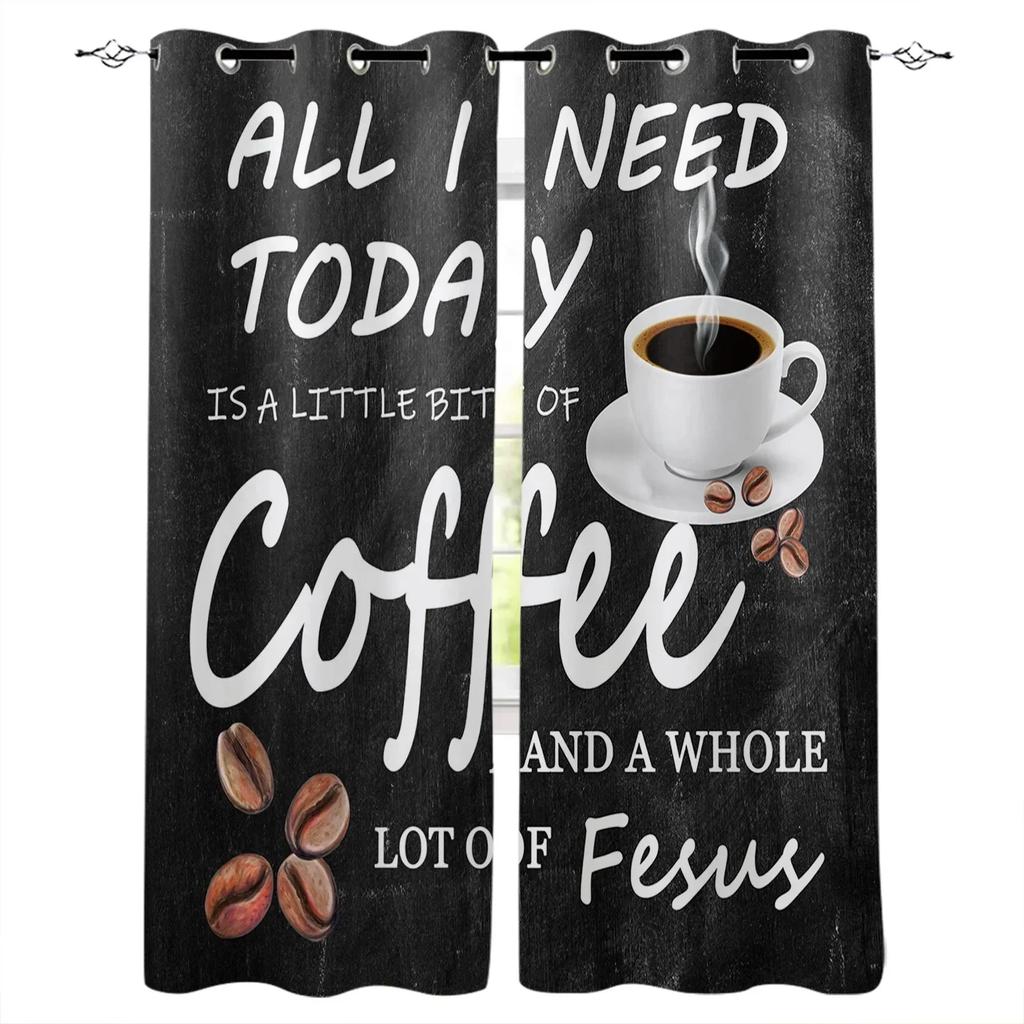 2panels Coffee Text Graffiti Black Background KitchenWindow Curtain for Living Room Bedroom Home Decor Kitchen for Window Drapes for daily use