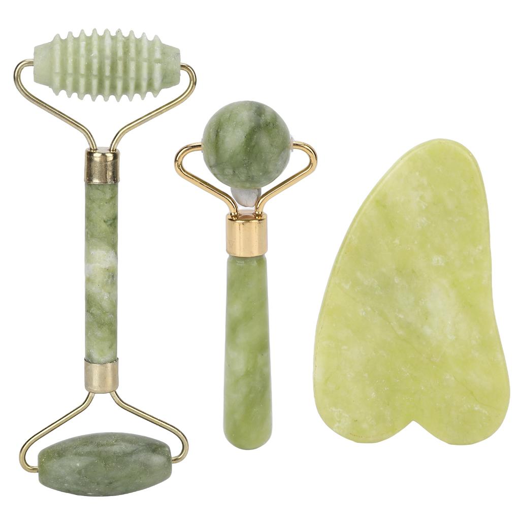 3pcs Jadestone Face Roller Portable Skin Lifting Firming Beauty Guasha Board Face Massage Roller Set