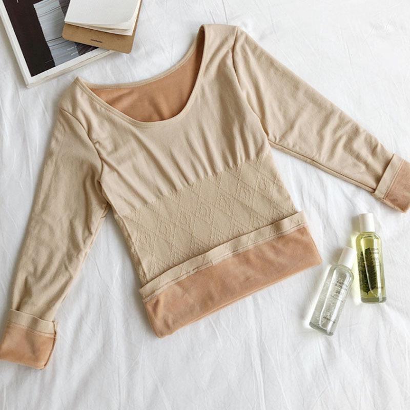 Women's Thermal Underwear Set: Long Sleeve Velvet Round Neck Top