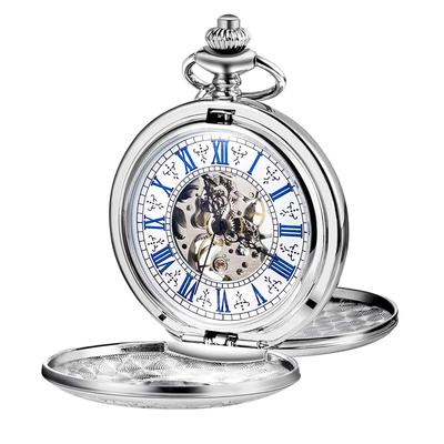 TREEWETO Men's Skeleton Mechanical Pocket Watch, Retro Roman Numeral Half-Size Hunter, Silver
