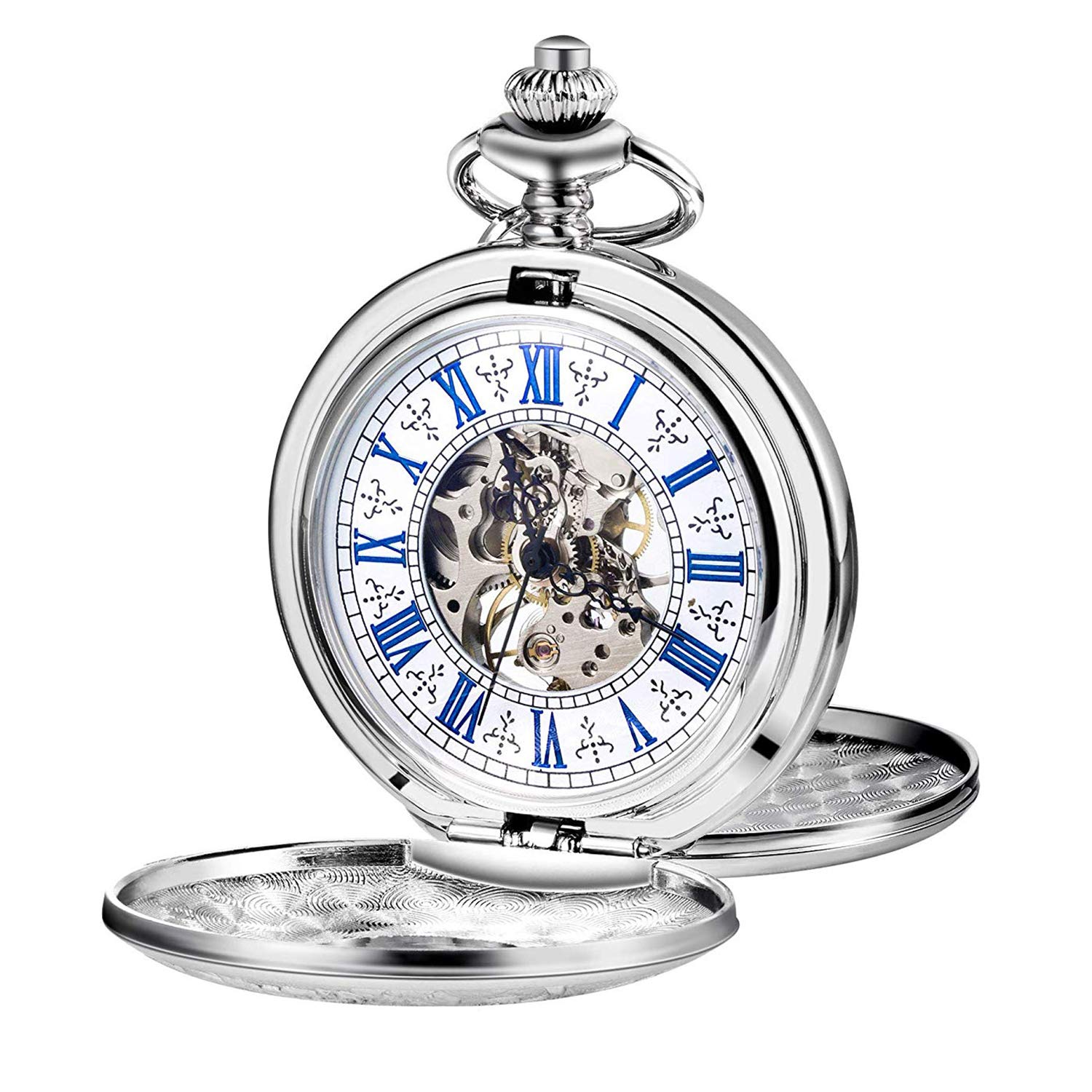 TREEWETO Men s Skeleton Mechanical Pocket Watch, Retro Roman Numeral Half-Size Hunter, Silver