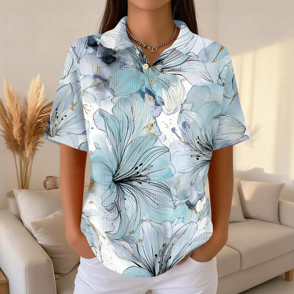 Women's Casual Short Sleeve Waffle Knit Polo Shirt Retro Floral Print Button Down Top Lightweight Breathable Summer Blouse