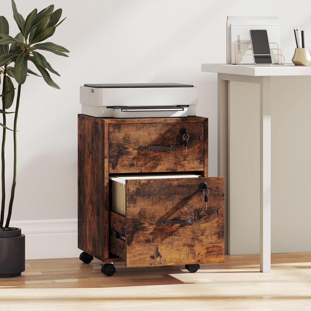 Rolling File Cabinet with 2 Drawers, Mobile Filing Cabinet with Hanging File Folder for Letter Sized Documents, Rustic Brown