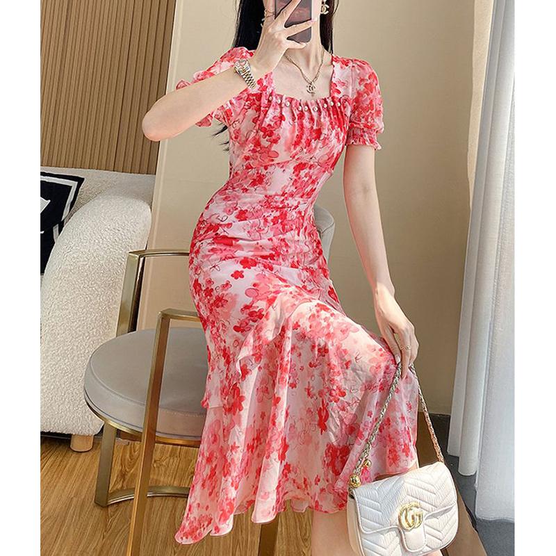 Moda Estiva Scollo Quadrato Stampa Floreale Perline Abito Sirena Femminile Manica Corta Dolce Casual Vestido Donna Volant Abito