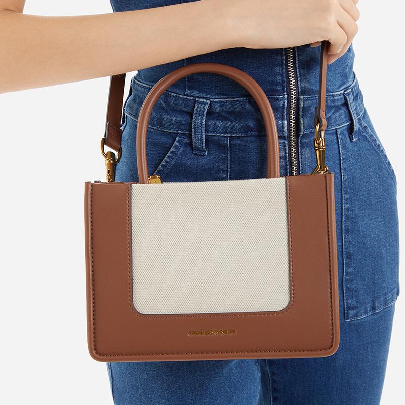 New CHARLES&KEITH PU/fabric Shoulder Bag, Crossbody Bag, Handbag Medium Size Women's Dark Denim Blue/Tan Tea Brown CK2-30701396-1-NEW
