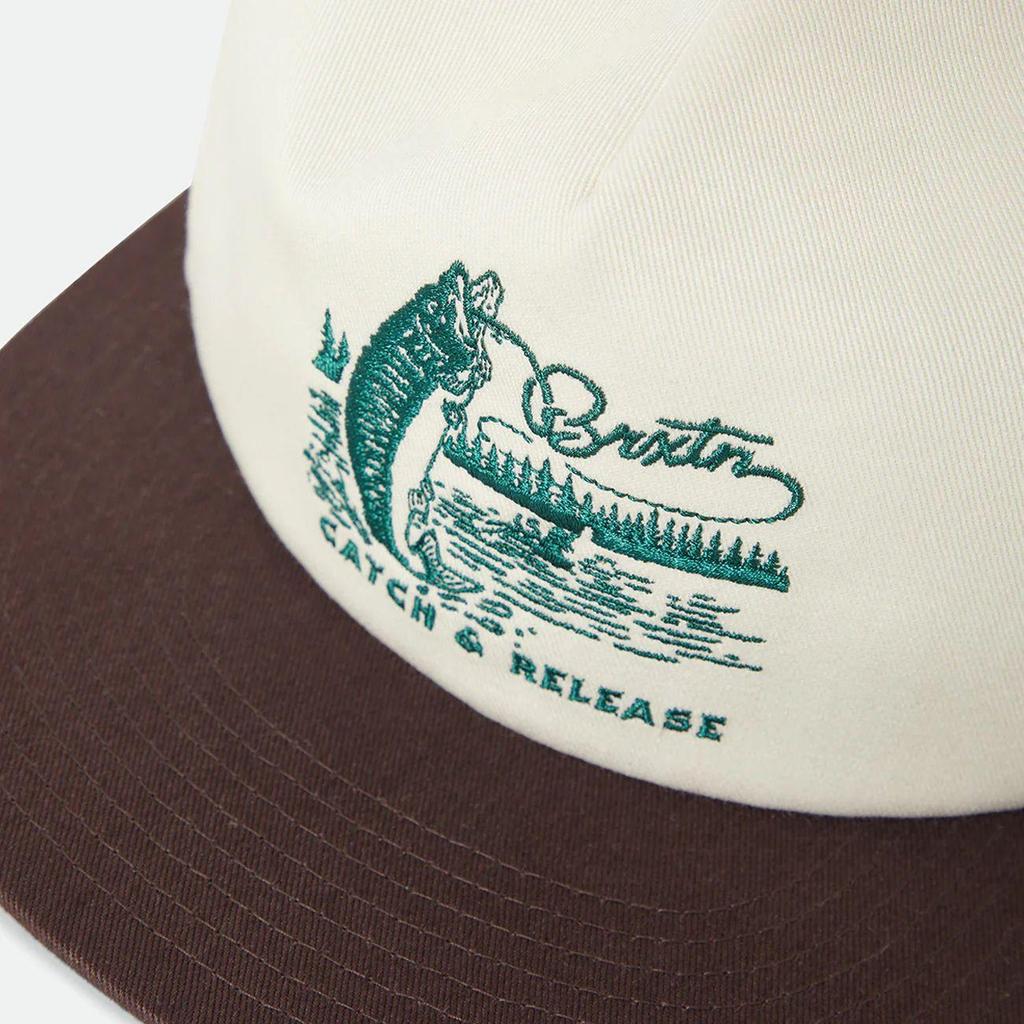 Used BRIXTON CATCH AND RELEASE HP SNAPBACK OFF WHITE/BROWN Brixton catch and release snapback cap