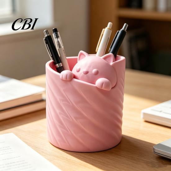 Pen Container 3D Printed Holder, Cat Shape Large Capacity Hollow Barrel Desk Organizer for Gel Pens Pencils Makeup Brushes, Cute Girlish Decor