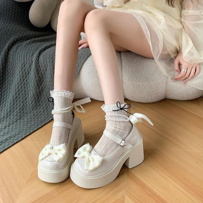 Sweet Bow Mary Jane Leather Shoes for Women Summer White Waterproof Platform Heightening High Heels