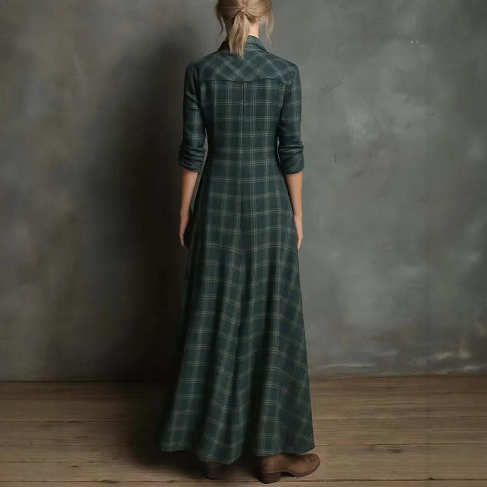 Vintage Kadın Moda Yaka Düğmeli Uzun Sonbahar Günlük Cepli Bol Parti Zarif Ekose Baskılı Uzun Kollu Boho Gömlek Elbiseler