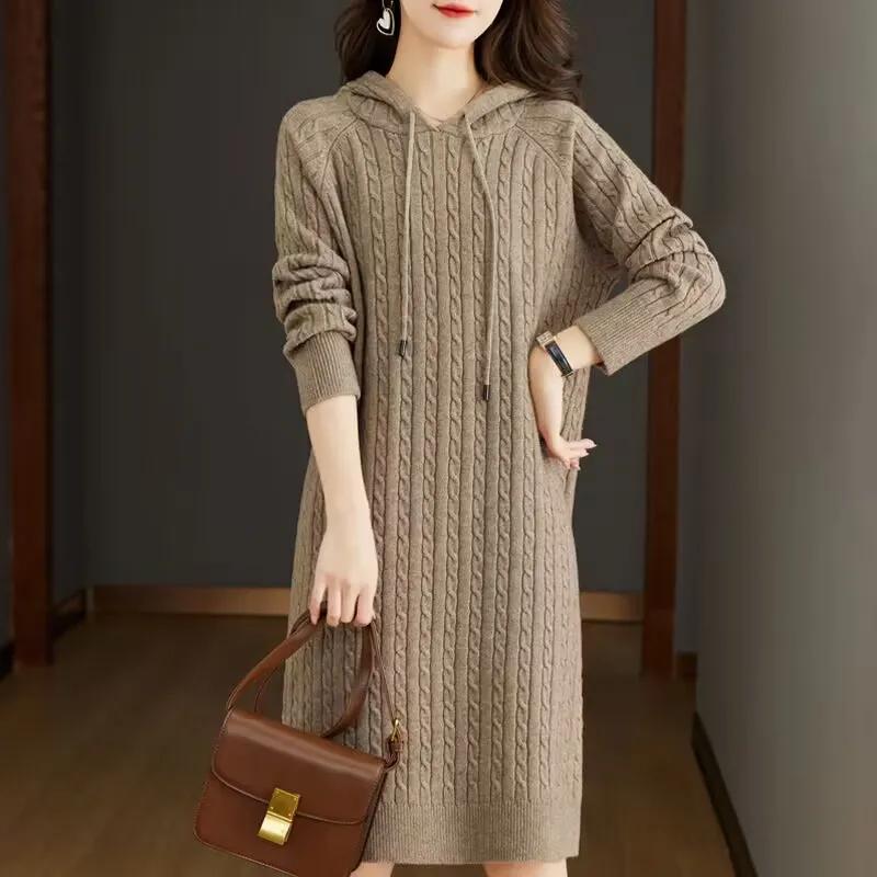 Women's Autumn and Winter Casual Solid Color Long-Sleeved Sweater Dress Loose Pullover Knitted Hooded Underskirt