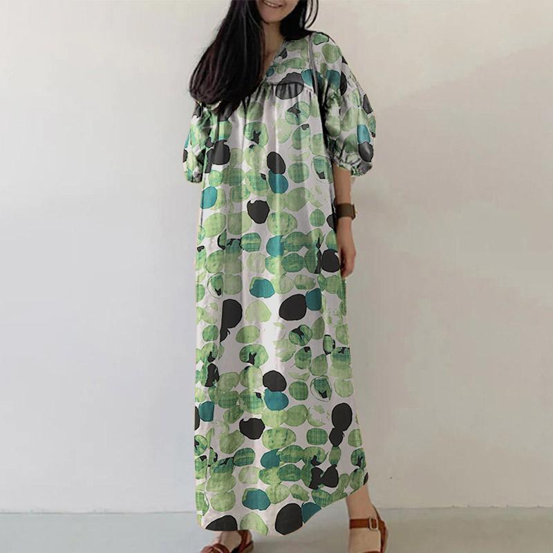

ZANZEA Женское повседневное платье с V-образным вырезом, рукавами 3/4, свободного кроя, с принтом, длинное 5XL зелёный