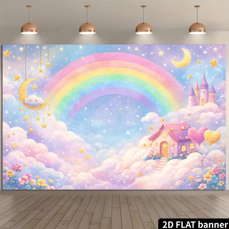 2D Rainbow Castle Baby Photo Backdrop Baby Shower Decor Cloth