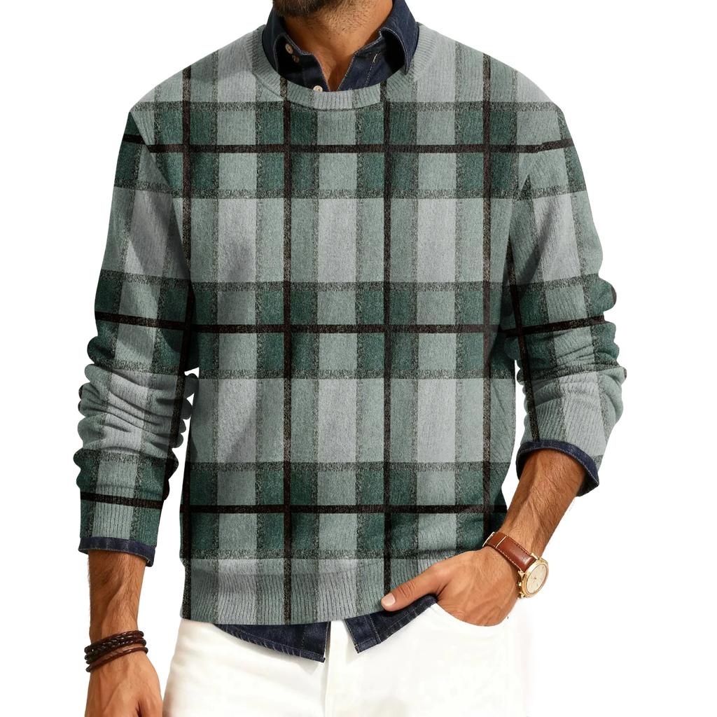 Męski sweter z okrągłym dekoltem, długim rękawem i prążkowanej dzianiny