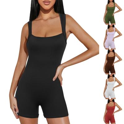 Damen-Overall, einfarbig, sexy, eng anliegend, elastisch, sportlich, ärmellos, Jumpsuit-Shorts