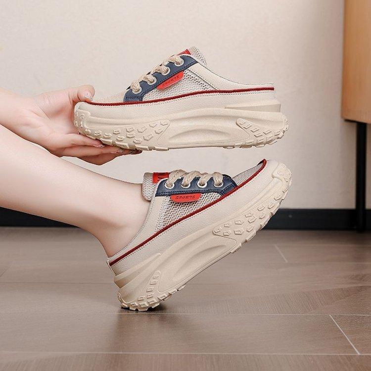 Women's shoes high-end pregnant women baotou half drag summer 2025 hollow breathable mesh sports shoes platform outer wear shoes