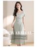 Elegant Green Square Neck Tea Break Dress: Short-Sleeved, Waist-Cinching, High-Class Summer Arrival
