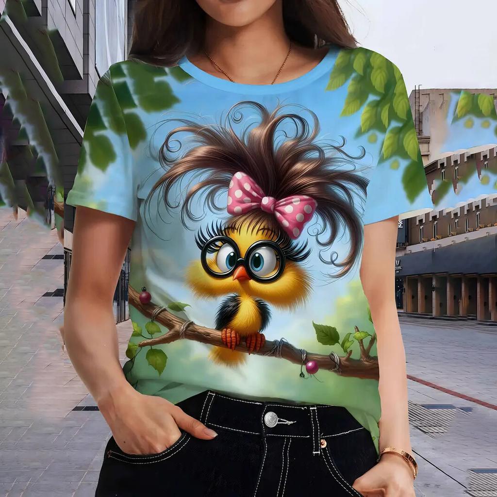 Sommar Rund Hals 3D Söt Tecknad Djur Grafiskt Tryck Topp Trendiga Casual Kortärmade Dam T-shirts