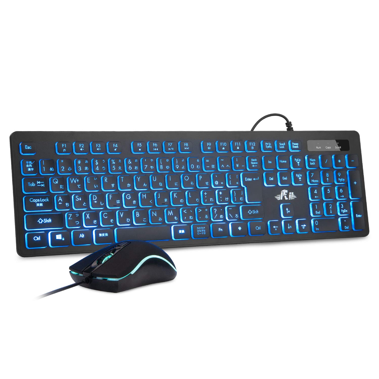

Rii Wired Keyboard and Mouse Set, Slim, Quiet, 3-Color LED Backlight, 108 Keys, Japanese Layout, 3-Level DPI Mouse, Wired Keyboard