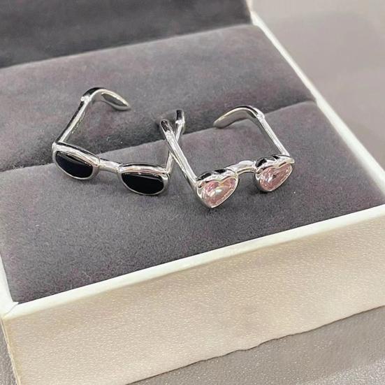 2 Pcs Couple Rings Sunglasses Shape Rhinestone Decor Adjustable Polished Open Ring Alloy Anniversary Gift Finger Jewelry