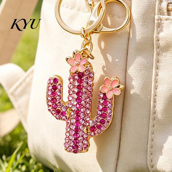 Decorative Car Key Ring Bling Rhinestone Cactus Keychain, Pink Flower Metal Pendant Keyring Pendant, Handbags Backpacks Purse Charm Accessory Keys