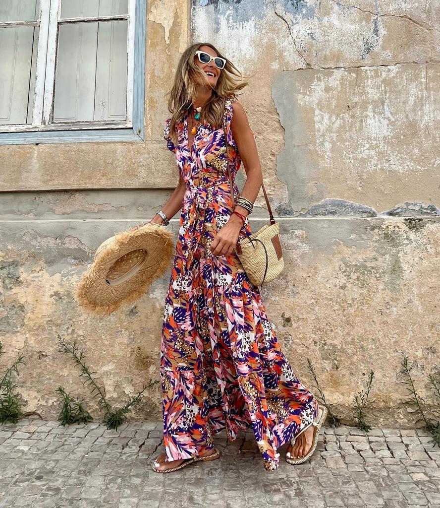 2025 spring and summer casual temperament women's printed long dress sleeveless V-neck pendulum dress