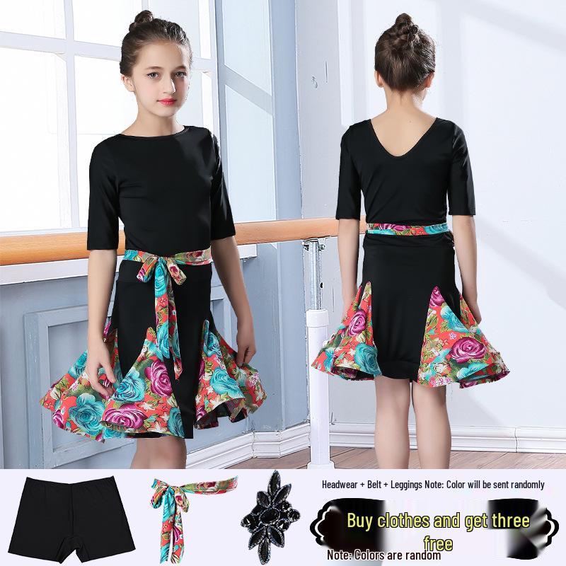 Girls' Short-Sleeve Latin Dance Skirt – Spring/Summer Competition and Practice Costume
