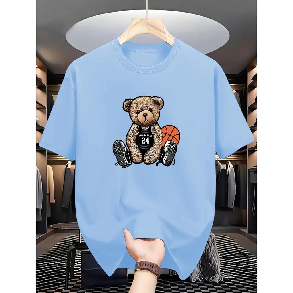 Męska letnia modna koszulka codzienna z czystej bawełny, luźna, w dużym rozmiarze, rekreacyjna, ze sportowym okrągłym dekoltem i krótkim rękawem, z nadrukiem misia