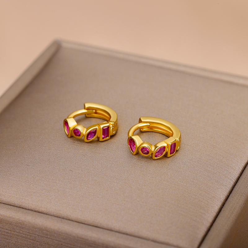Cute Minimalist Zircon Green Hoop Earrings For Women Stainless Steel Small Circle Ear Button Earrings  Jewelry