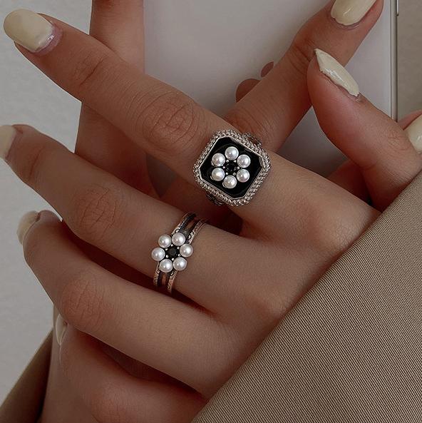PONYKISS Sterling Silver Pearl Flower Opening Rings for Women Vintage Plant Fine Minimalist Light Luxury Accessories