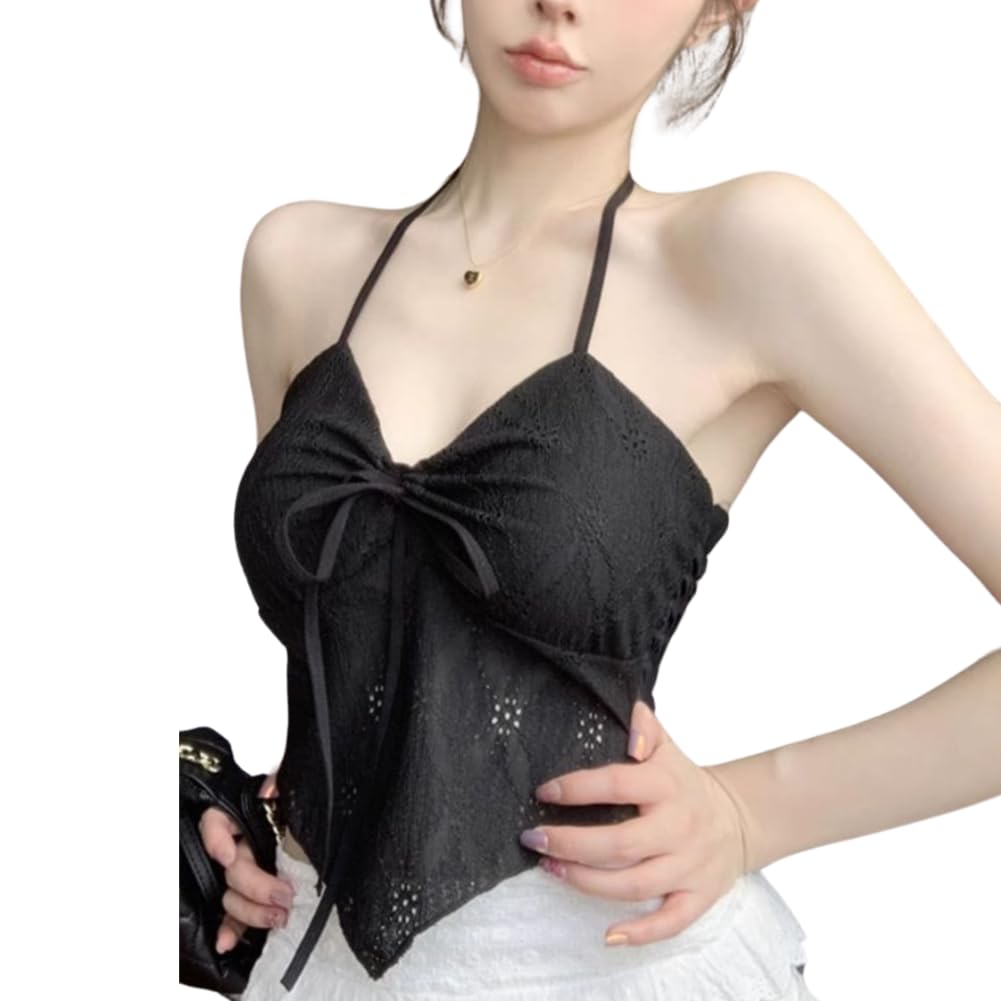 AQUA Marine Cropped Camisole with Lace Halter Gathered and Ribbon Feminine and Cute for a Casual or Sexy Summer Resort Look One Women's Neck, Chest,