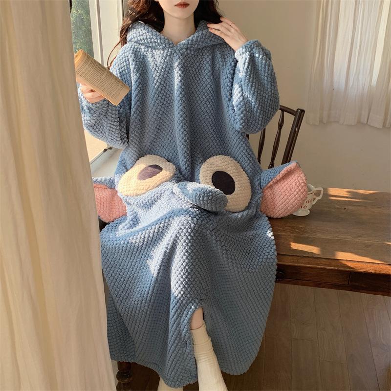 Women's Sweet and Cute Cartoon Pajamas Hooded One-piece Pajamas Loose Casual Coral Fleece Pajamas Flannel Home Clothes